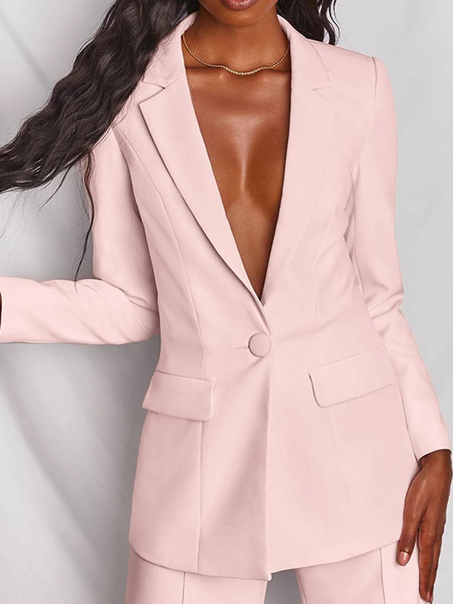 Levoire | Blazer Bureau Deux Pièces Boutons Poches Col Revers Manches Longues Veste Droite Pantalon Femme Élégant Costume Style