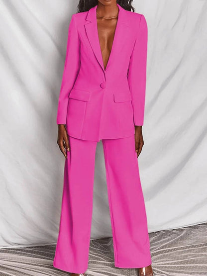 Levoire | Blazer Bureau Deux Pièces Boutons Poches Col Revers Manches Longues Veste Droite Pantalon Femme Élégant Costume Style Framboise