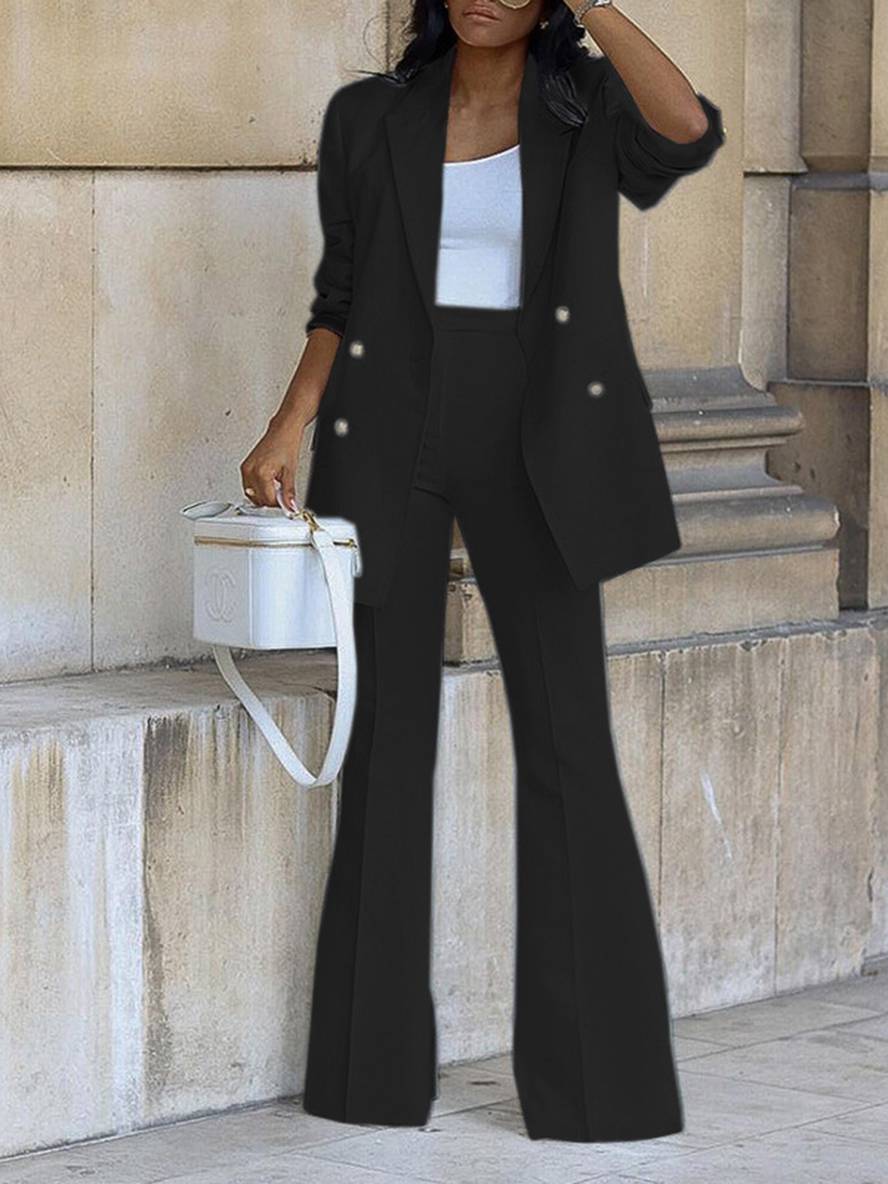 Levoire | Ensemble De Tailleur Pour Femmes Blazer De Bureau Double Boutonnage Col À Revers Manches Longues Élégant Deux Pièces Noir