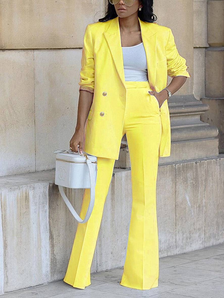 Levoire | Ensemble De Tailleur Pour Femmes Blazer De Bureau Double Boutonnage Col À Revers Manches Longues Élégant Deux Pièces Jaune
