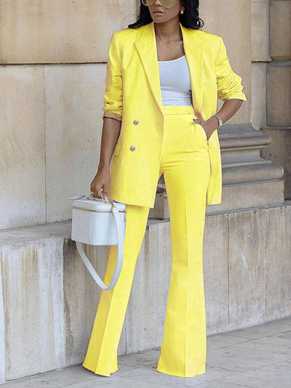 Levoire | Ensemble De Tailleur Pour Femmes Blazer De Bureau Double Boutonnage Col À Revers Manches Longues Élégant Deux Pièces Jaune
