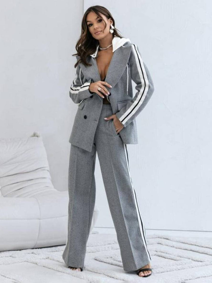 Levoire | Veste De Bureau À Double Bouton Pour Femme En Hoodie Rayé Deux Pièces Décontractée