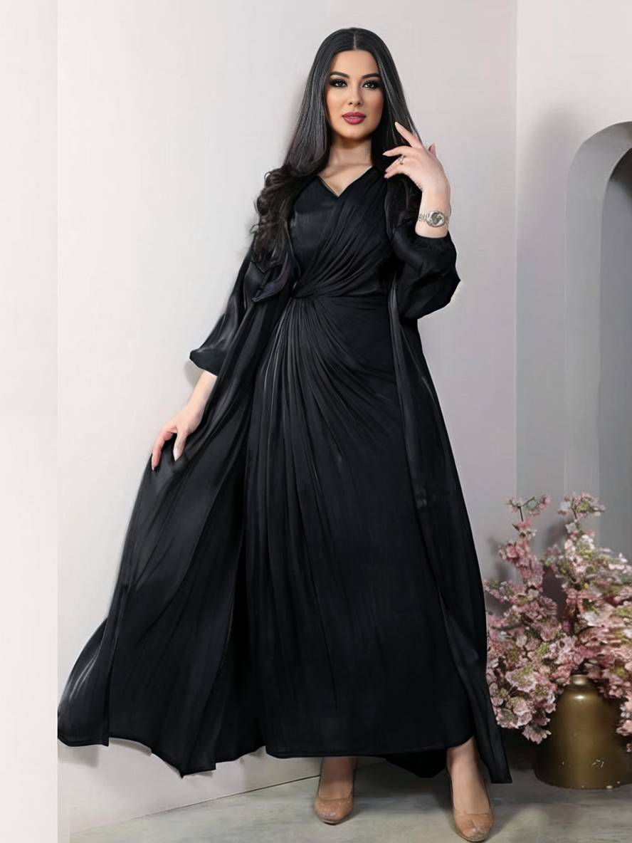 Levoire | Ensemble Robe En Satin Avec Nœud Bright Wire Manches Longues Femmes Élégant Décontracté Mode Noir