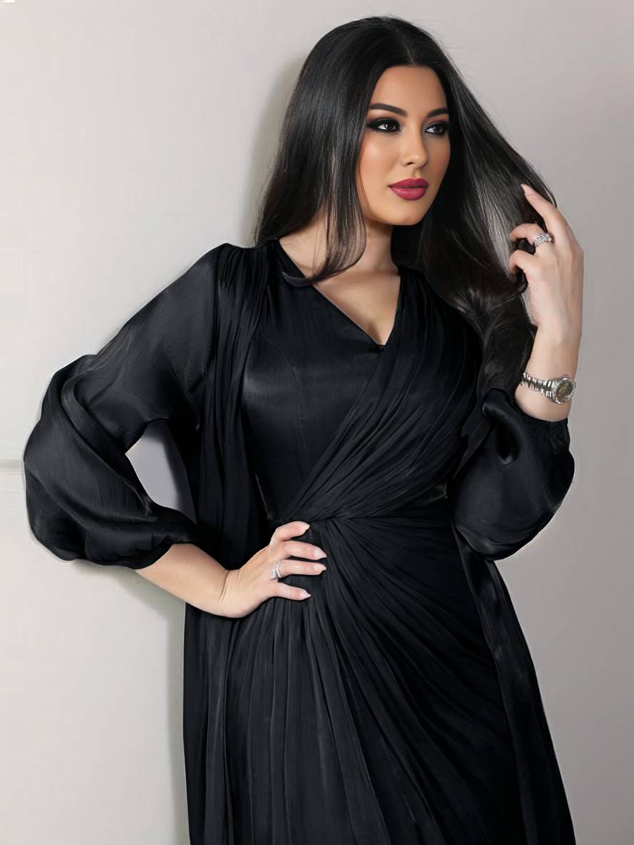 Levoire | Ensemble Robe En Satin Avec Nœud Bright Wire Manches Longues Femmes Élégant Décontracté Mode