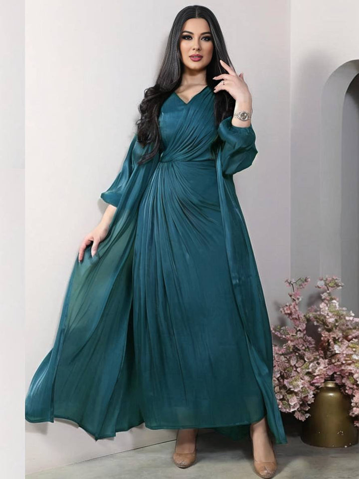 Levoire | Ensemble Robe En Satin Avec Nœud Bright Wire Manches Longues Femmes Élégant Décontracté Mode Bleu