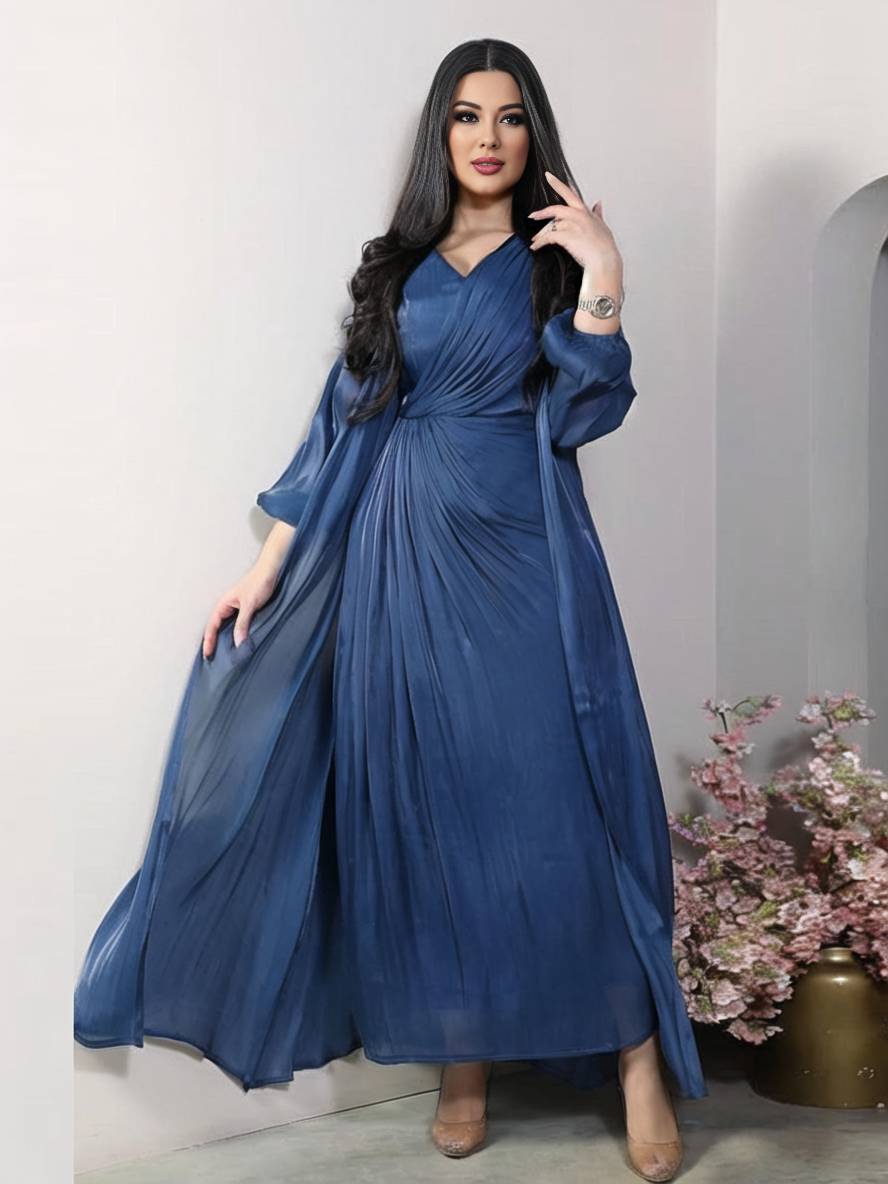 Levoire | Ensemble Robe En Satin Avec Nœud Bright Wire Manches Longues Femmes Élégant Décontracté Mode Bleu foncé