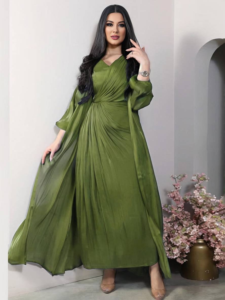 Levoire | Ensemble Robe En Satin Avec Nœud Bright Wire Manches Longues Femmes Élégant Décontracté Mode Armée Verte