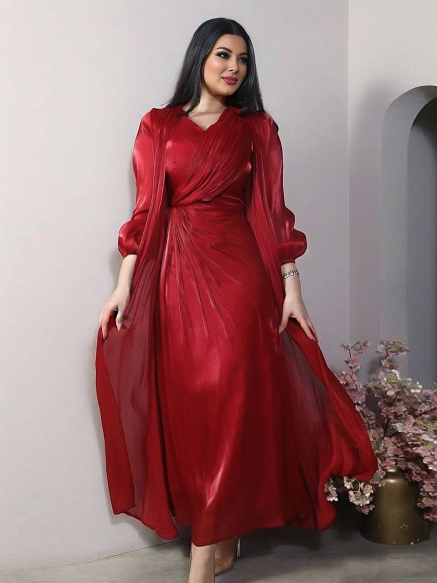 Levoire | Ensemble Robe En Satin Avec Nœud Bright Wire Manches Longues Femmes Élégant Décontracté Mode Rot