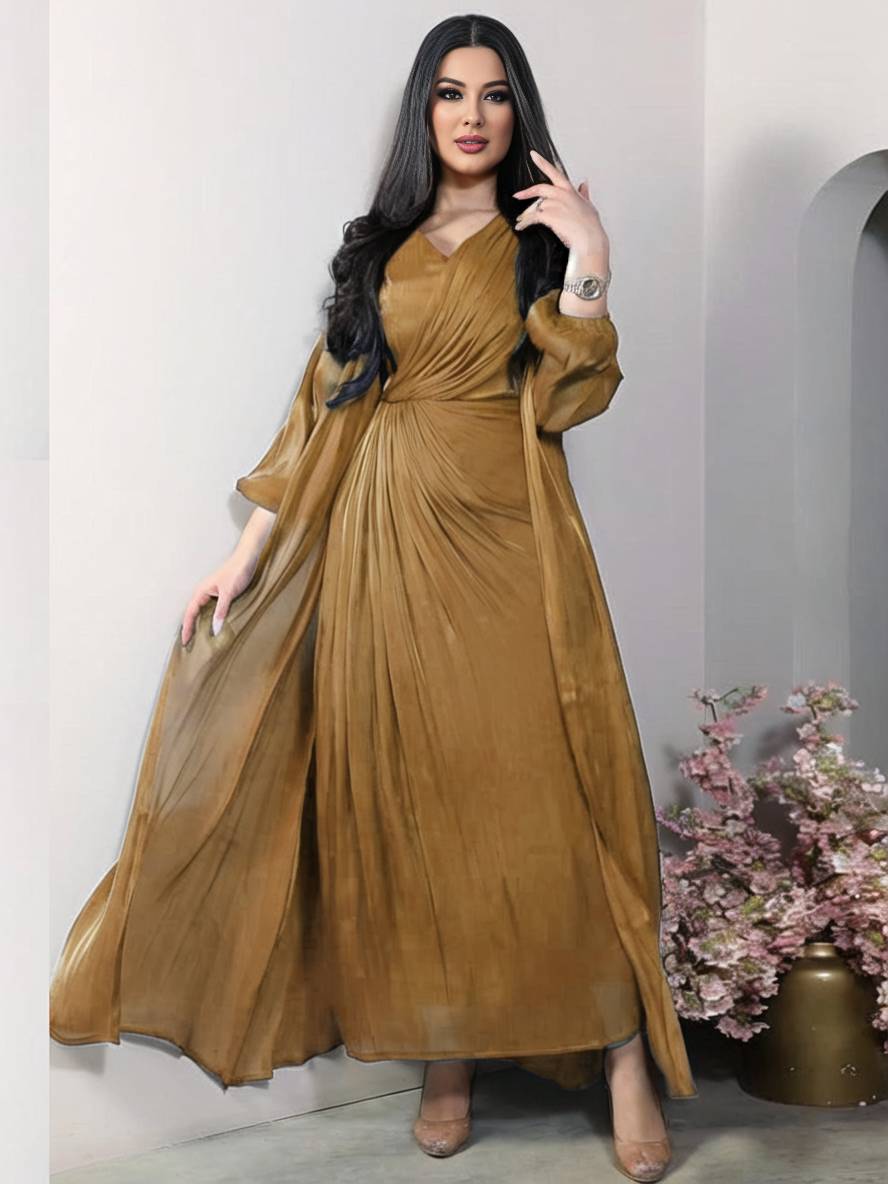 Levoire | Ensemble Robe En Satin Avec Nœud Bright Wire Manches Longues Femmes Élégant Décontracté Mode Café