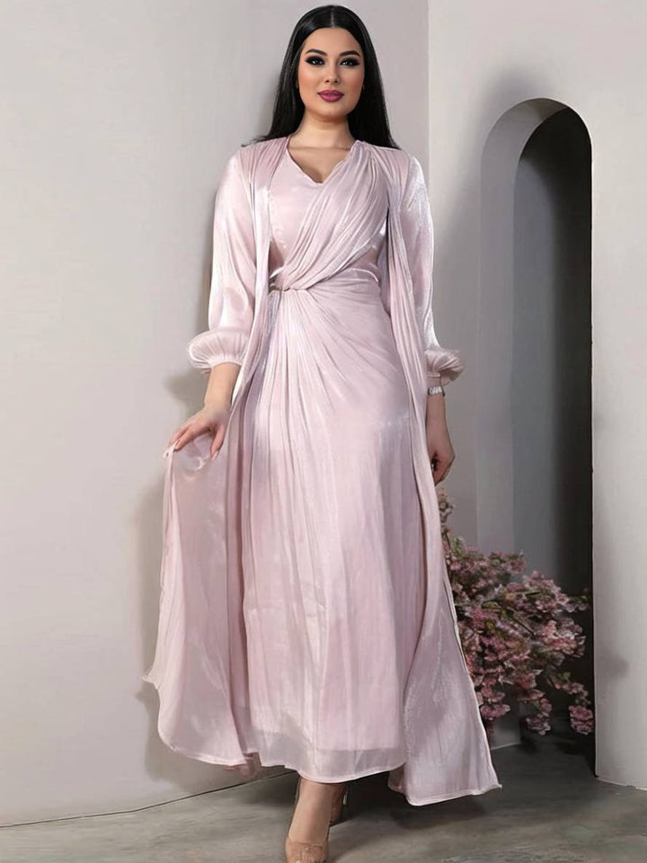 Levoire | Ensemble Robe En Satin Avec Nœud Bright Wire Manches Longues Femmes Élégant Décontracté Mode Rose