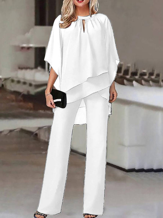 Levoire | Ensembles À Deux Pièces Col Rond Manches Chauve-Souris Hauts Irréguliers Pantalon Droit Femme Décontracté Loose Tenue De Mariage Blanc