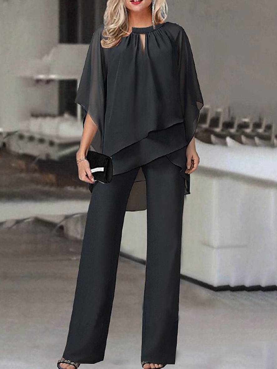 Levoire | Ensembles À Deux Pièces Col Rond Manches Chauve-Souris Hauts Irréguliers Pantalon Droit Femme Décontracté Loose Tenue De Mariage Noir