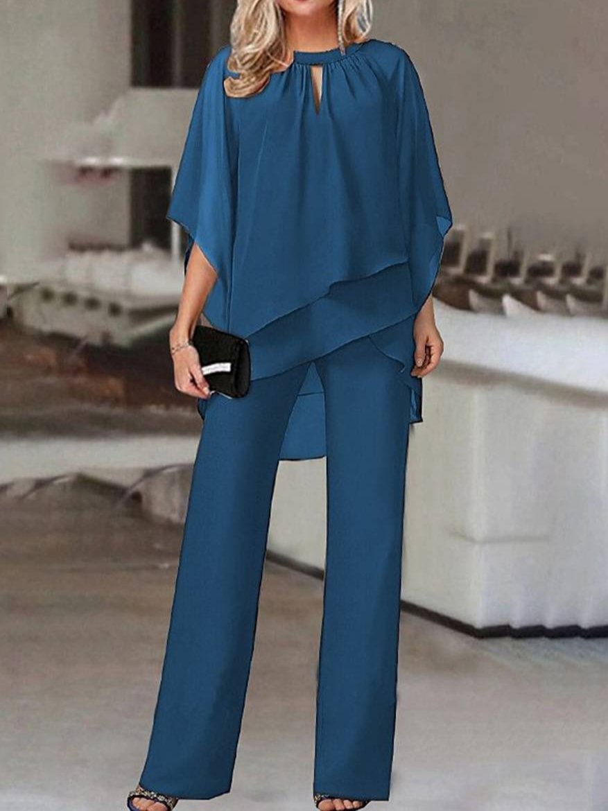 Levoire | Ensembles À Deux Pièces Col Rond Manches Chauve-Souris Hauts Irréguliers Pantalon Droit Femme Décontracté Loose Tenue De Mariage Bleu saphir