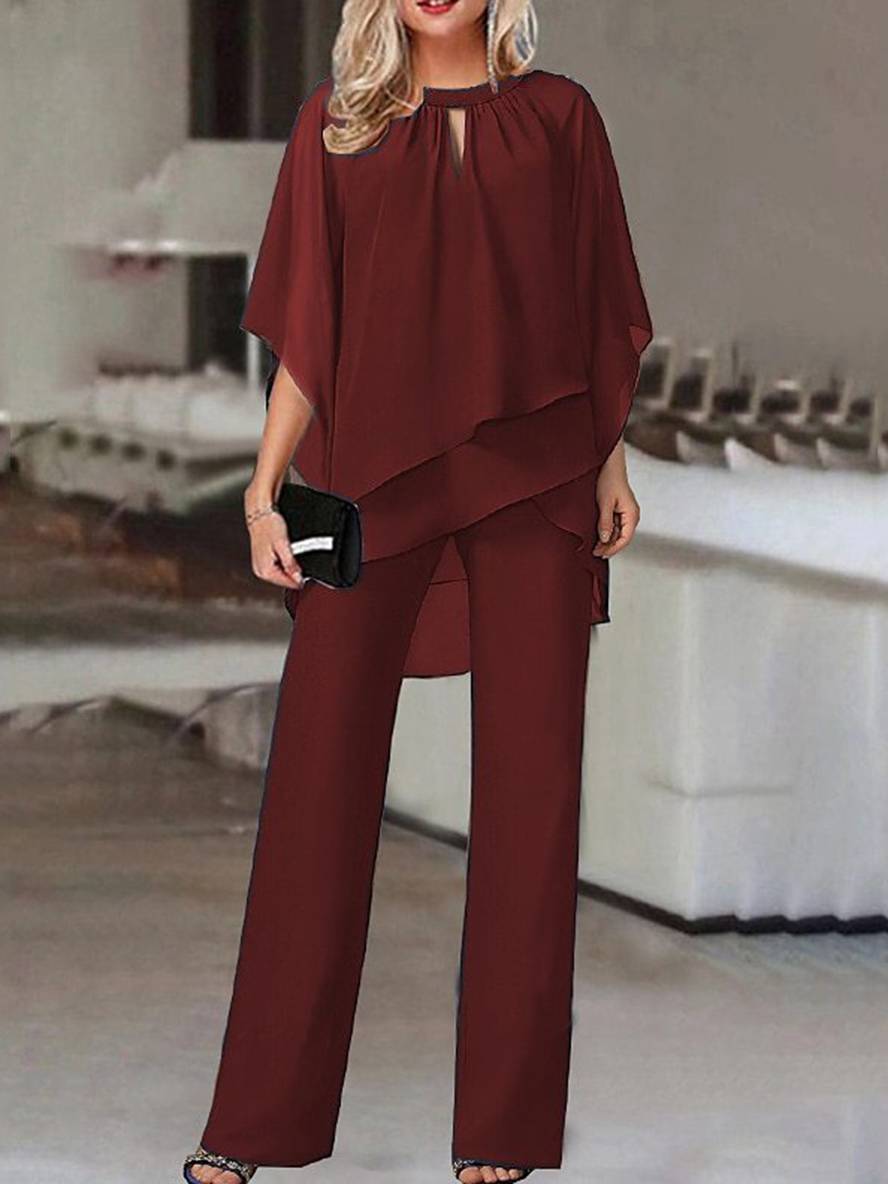 Levoire | Ensembles À Deux Pièces Col Rond Manches Chauve-Souris Hauts Irréguliers Pantalon Droit Femme Décontracté Loose Tenue De Mariage Bordeaux
