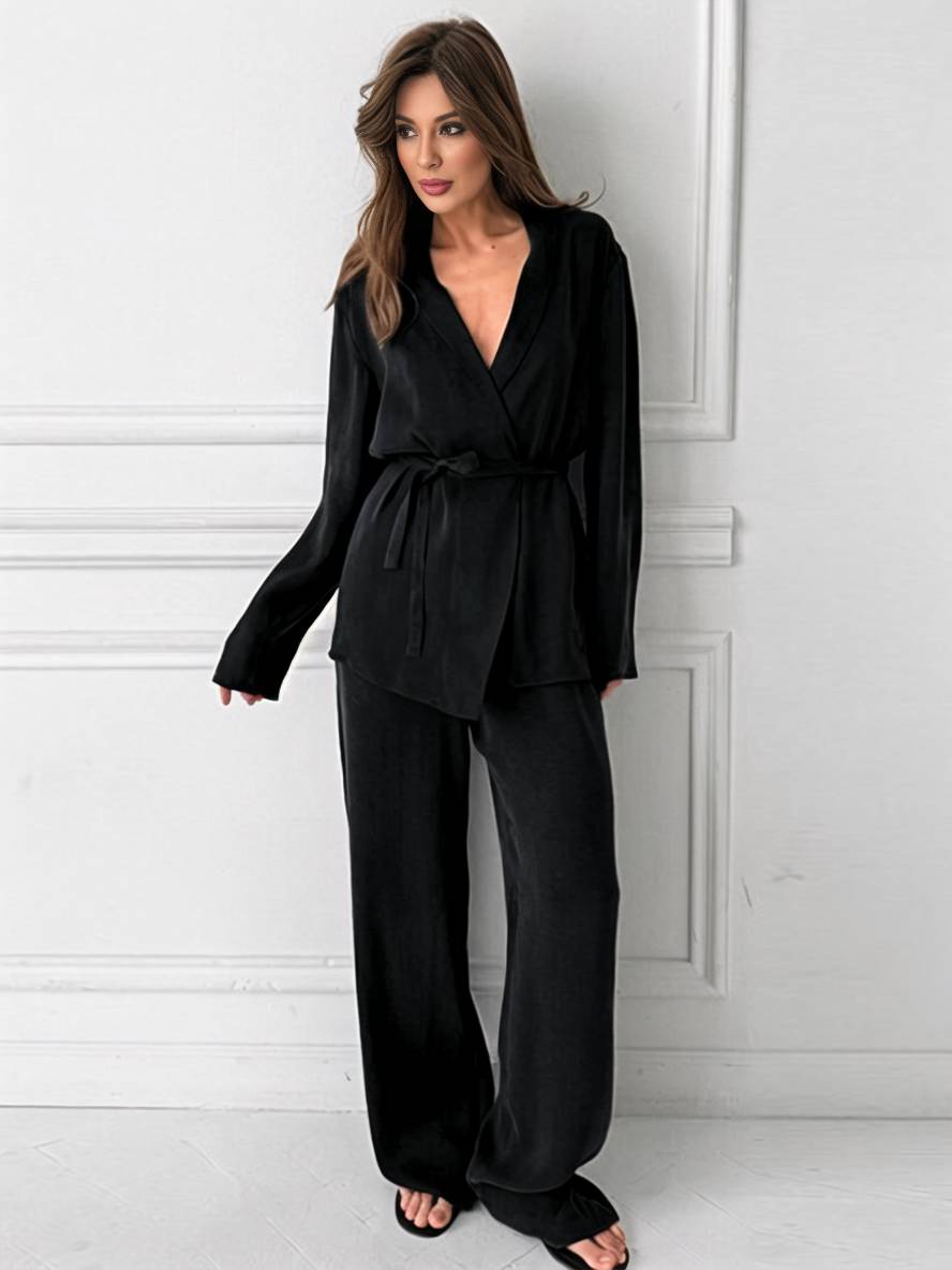 Levoire | Tenues Avec Pantalon Décolleté En V Ceinture Poches Blazer Femme Élégant Décontracté Deux Pièces