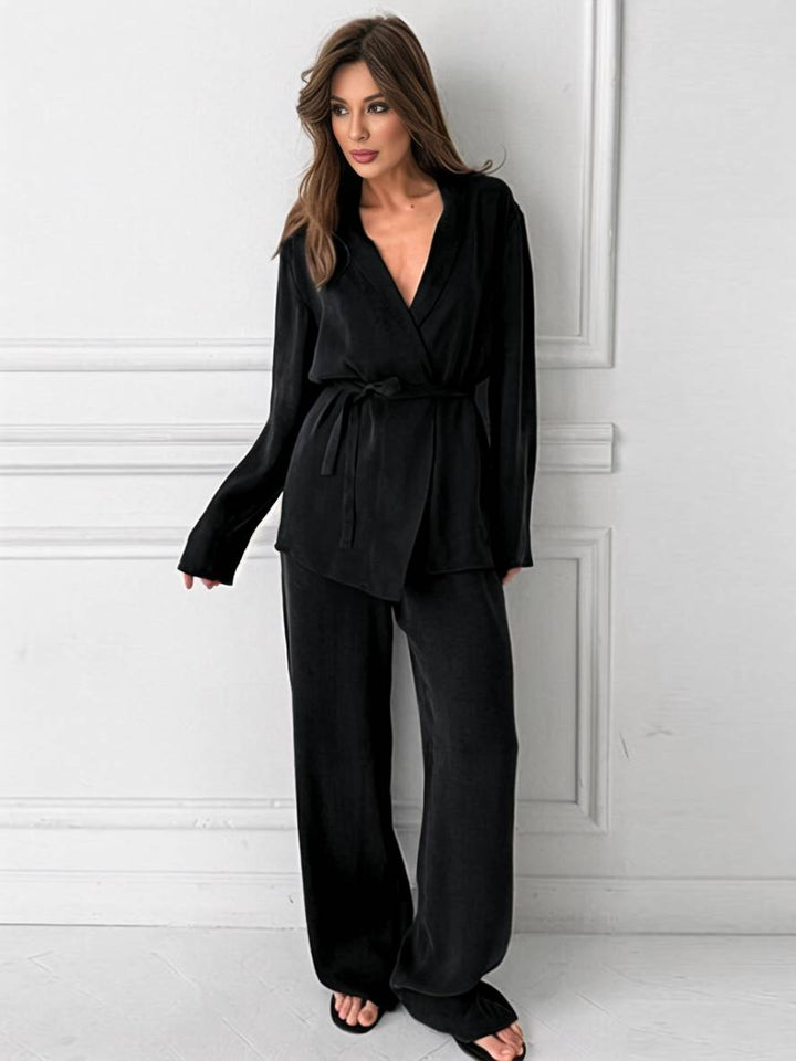 Levoire | Tenues Avec Pantalon Décolleté En V Ceinture Poches Blazer Femme Élégant Décontracté Deux Pièces