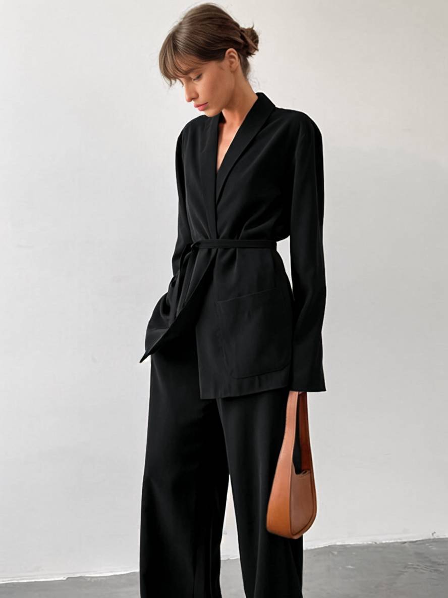 Levoire | Tenues Avec Pantalon Décolleté En V Ceinture Poches Blazer Femme Élégant Décontracté Deux Pièces Noir