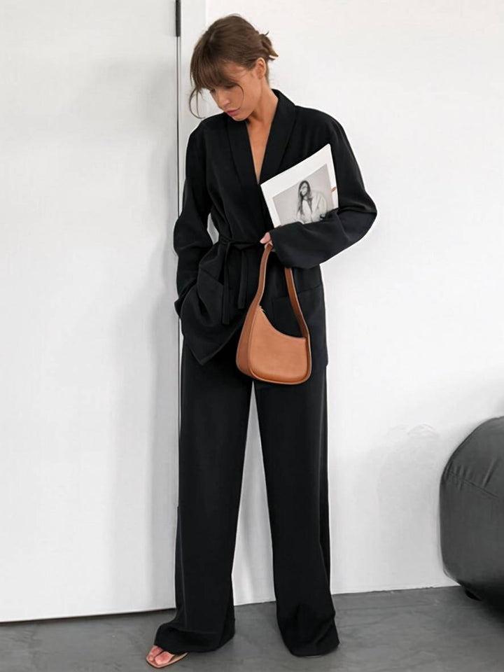 Levoire | Tenues Avec Pantalon Décolleté En V Ceinture Poches Blazer Femme Élégant Décontracté Deux Pièces