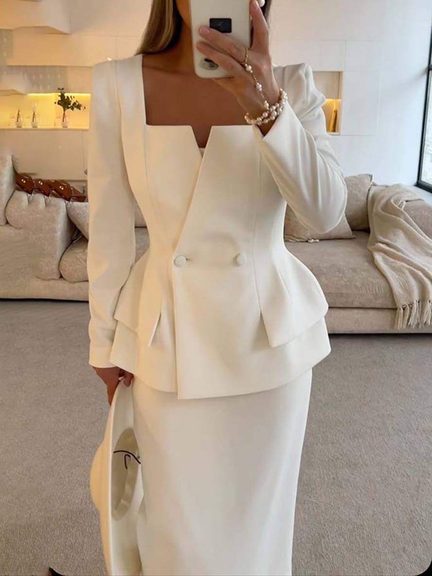 Levoire | Blazer À Col Carré Avec Boutons Et Poches À Manches Longues Avec Jupe Pour Femmes Élégant Décontracté Deux Pièces Bureau Blanc