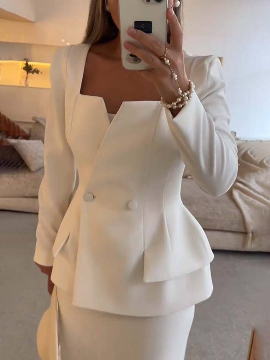 Levoire | Blazer À Col Carré Avec Boutons Et Poches À Manches Longues Avec Jupe Pour Femmes Élégant Décontracté Deux Pièces Bureau