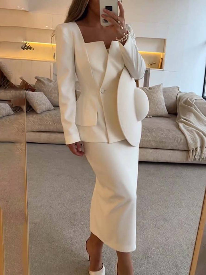 Levoire | Blazer À Col Carré Avec Boutons Et Poches À Manches Longues Avec Jupe Pour Femmes Élégant Décontracté Deux Pièces Bureau