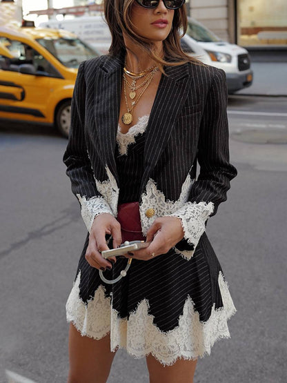 Levoire | Ensemble De Costume Pour Femme Blazer À Rayures Avec Décolleté En V Et Fines Bretelles Robe Mini Mode Élégante Deux Pièces