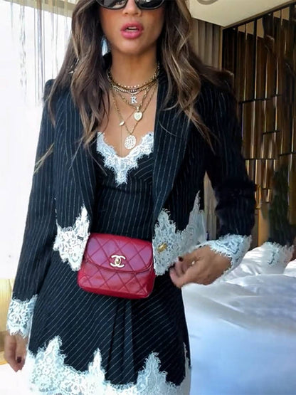 Levoire | Ensemble De Costume Pour Femme Blazer À Rayures Avec Décolleté En V Et Fines Bretelles Robe Mini Mode Élégante Deux Pièces