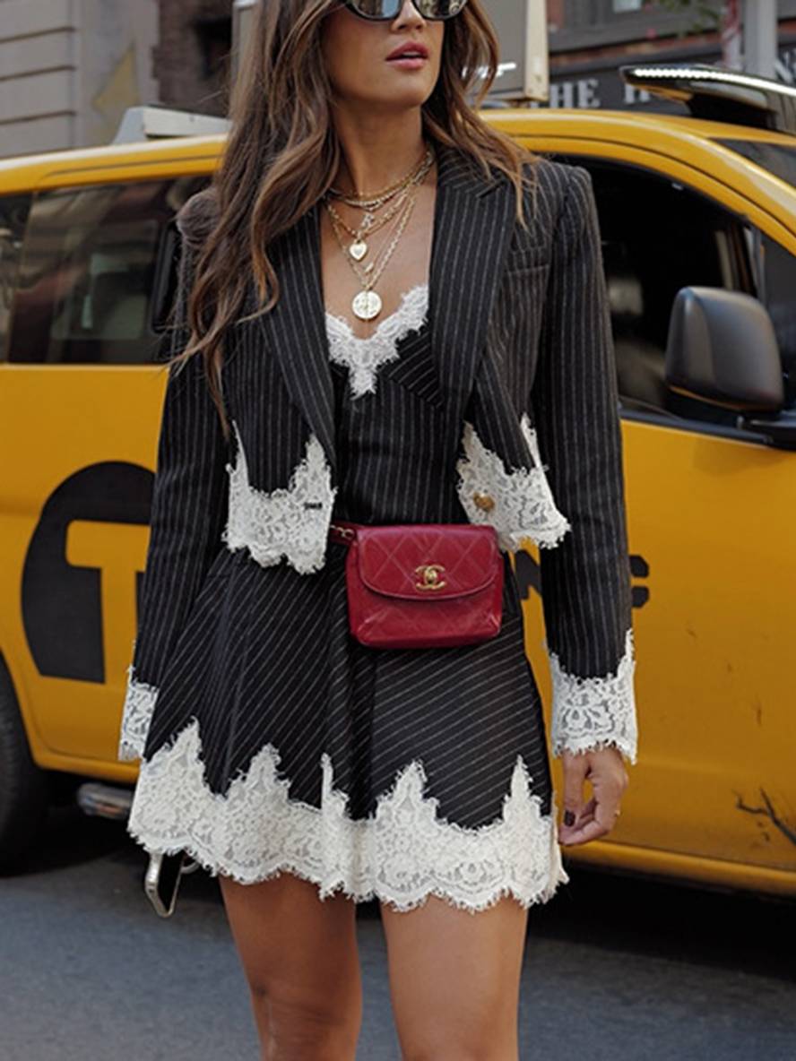 Levoire | Ensemble De Costume Pour Femme Blazer À Rayures Avec Décolleté En V Et Fines Bretelles Robe Mini Mode Élégante Deux Pièces Noir