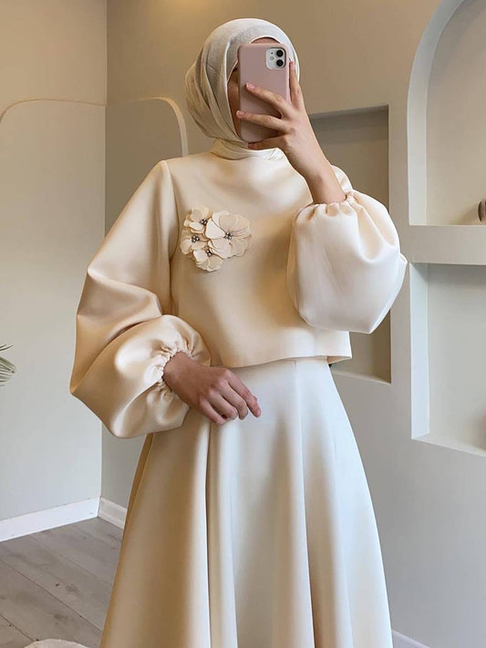 Levoire | Ensemble Élégant Deux Pièces Pour Femmes Haut Court Avec Manches Ballon Et Jupe Trapèze Robe Deux Pièces