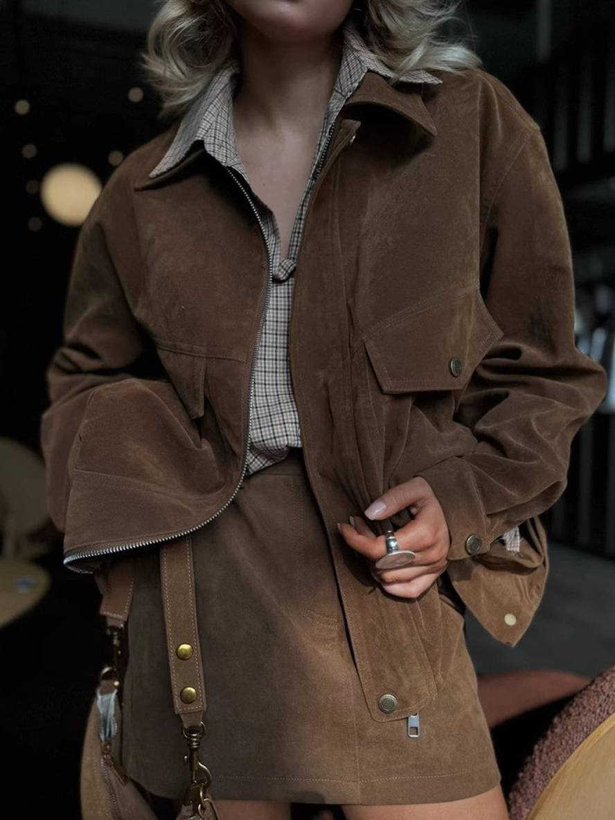 Levoire | Ensemble Femme Veste Courte En Suède À Revers Poches Jupe Élégante Décontractée Vêtements Deux Pièces Café