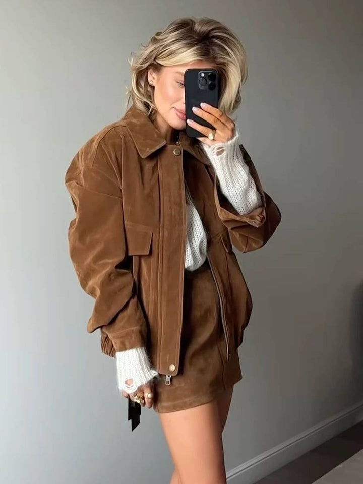 Levoire | Ensemble Femme Veste Courte En Suède À Revers Poches Jupe Élégante Décontractée Vêtements Deux Pièces