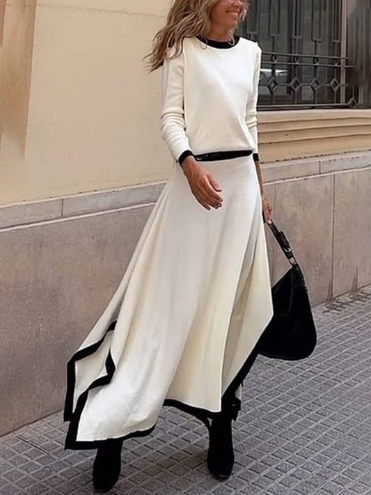 Levoire | Encolure Ronde Ensemble Manches Longues Pull Irrégulier Trapèze Jupe Longue Élégante Vintage Décontractée Deux Pièces