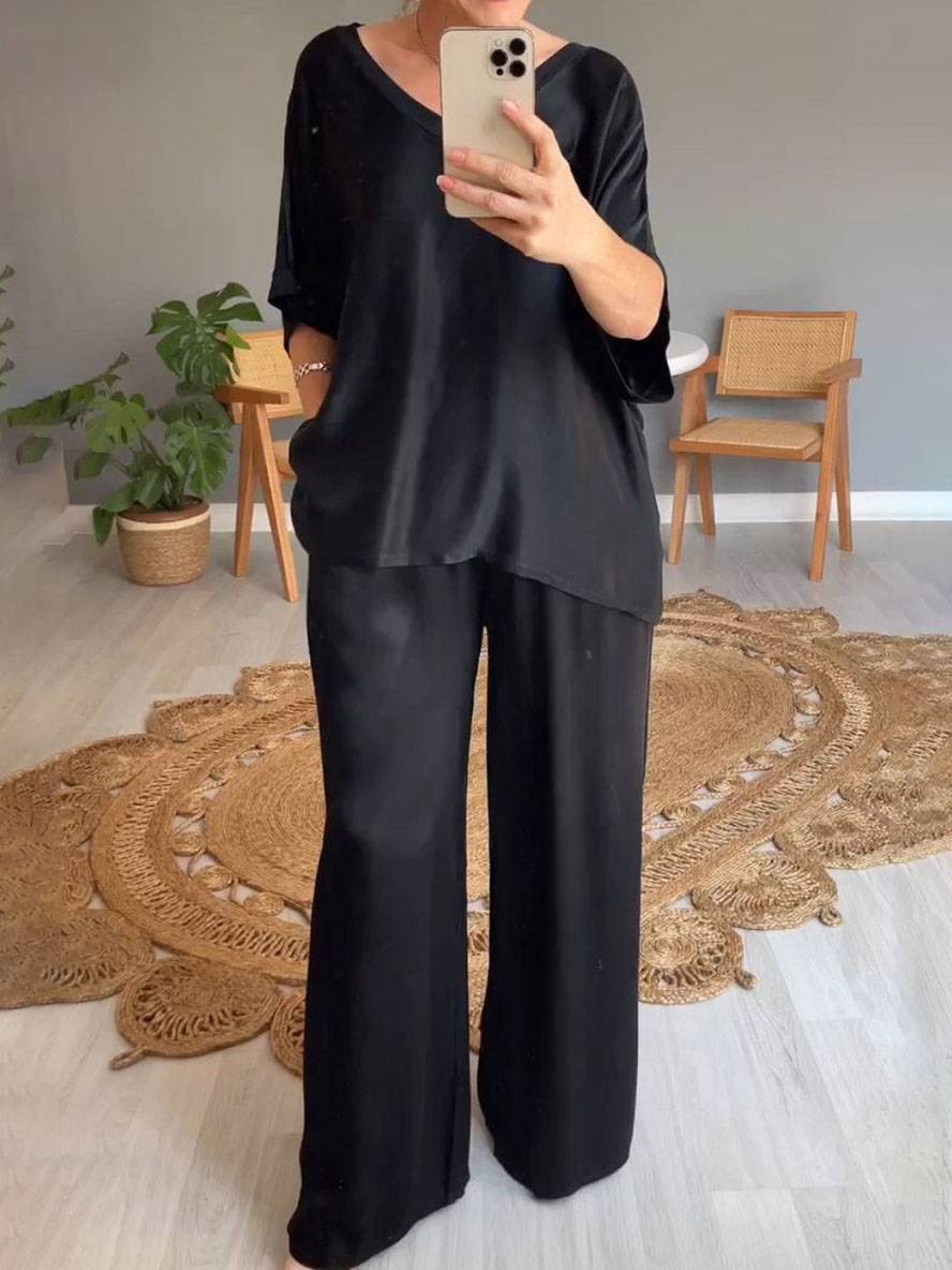 Levoire | Tenues Avec Décolleté En V Pantalon Poches Manches Chauve-Souris Courtes Femmes Élégant Décontracté Large Bicolore Noir