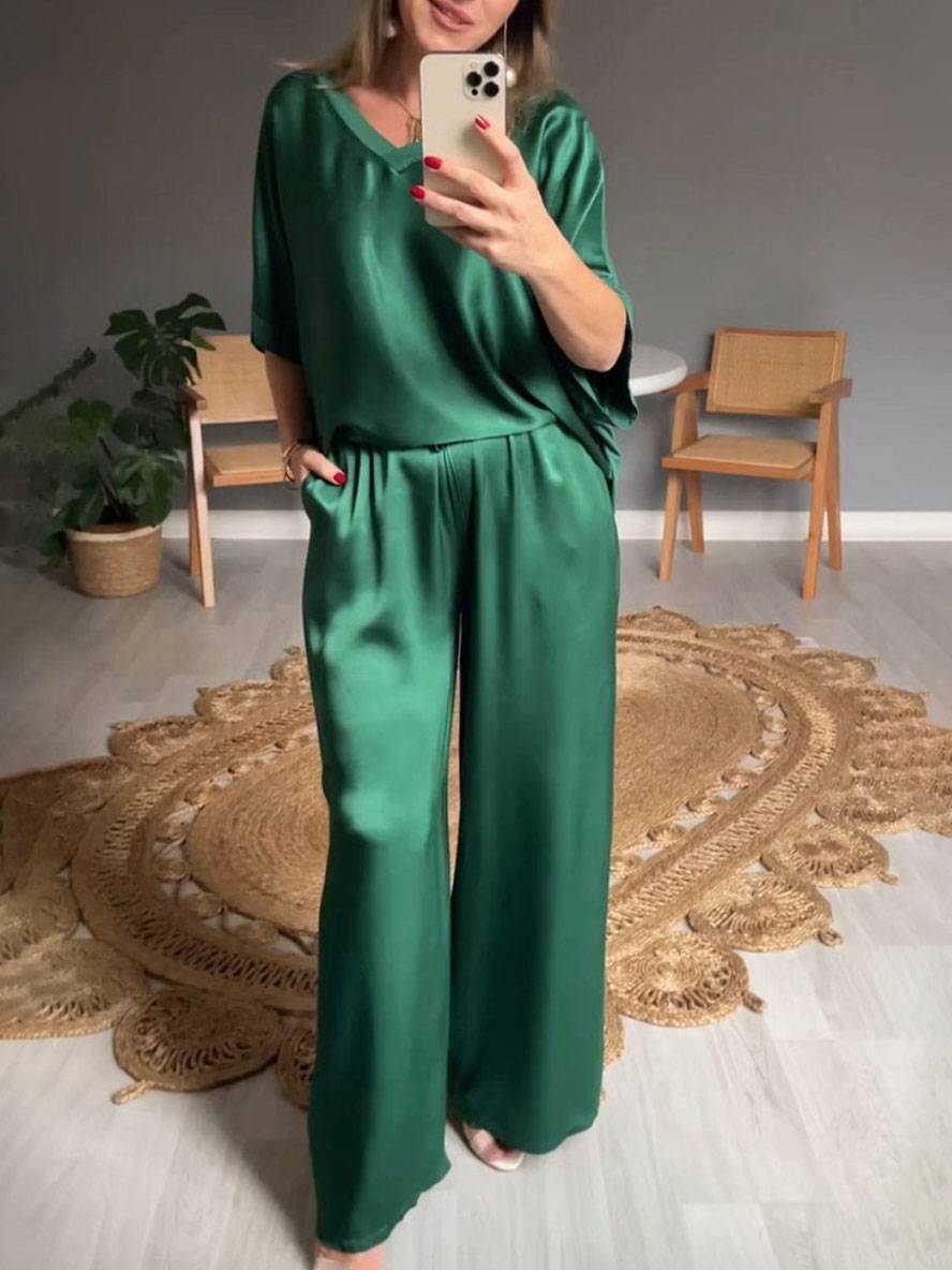 Levoire | Tenues Avec Décolleté En V Pantalon Poches Manches Chauve-Souris Courtes Femmes Élégant Décontracté Large Bicolore Vert