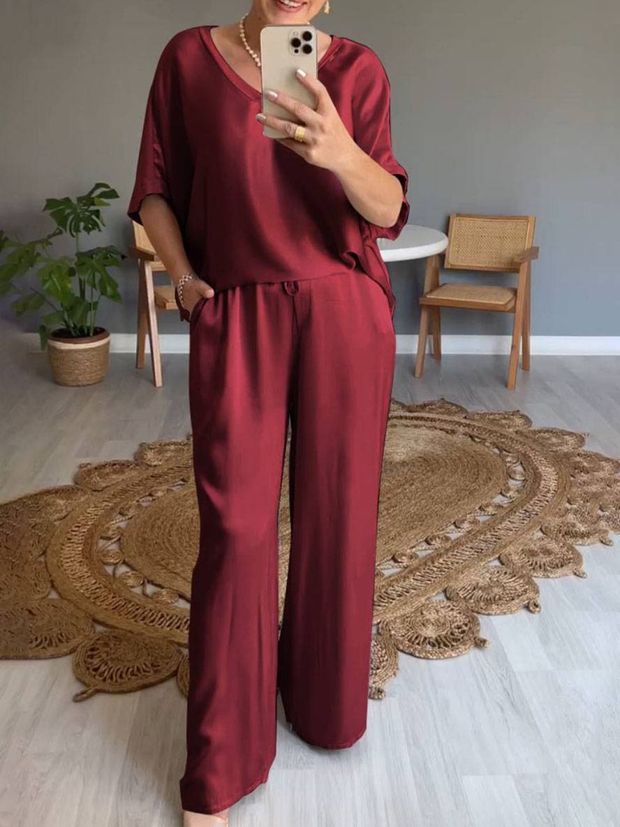 Levoire | Tenues Avec Décolleté En V Pantalon Poches Manches Chauve-Souris Courtes Femmes Élégant Décontracté Large Bicolore Bordeaux