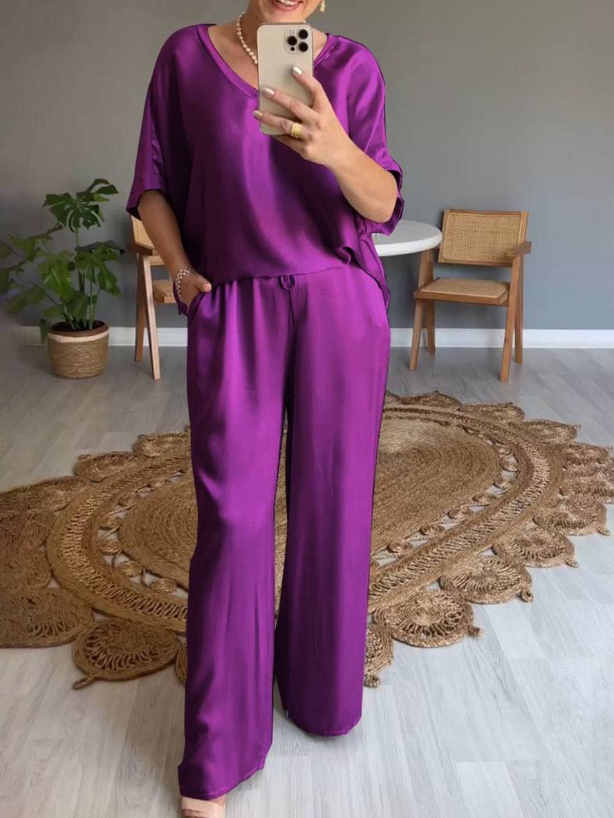 Levoire | Tenues Avec Décolleté En V Pantalon Poches Manches Chauve-Souris Courtes Femmes Élégant Décontracté Large Bicolore Violet