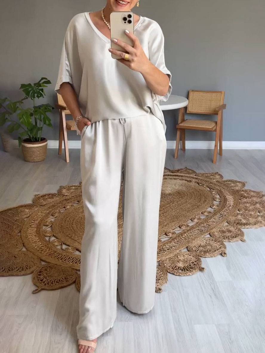 Levoire | Tenues Avec Décolleté En V Pantalon Poches Manches Chauve-Souris Courtes Femmes Élégant Décontracté Large Bicolore Argent