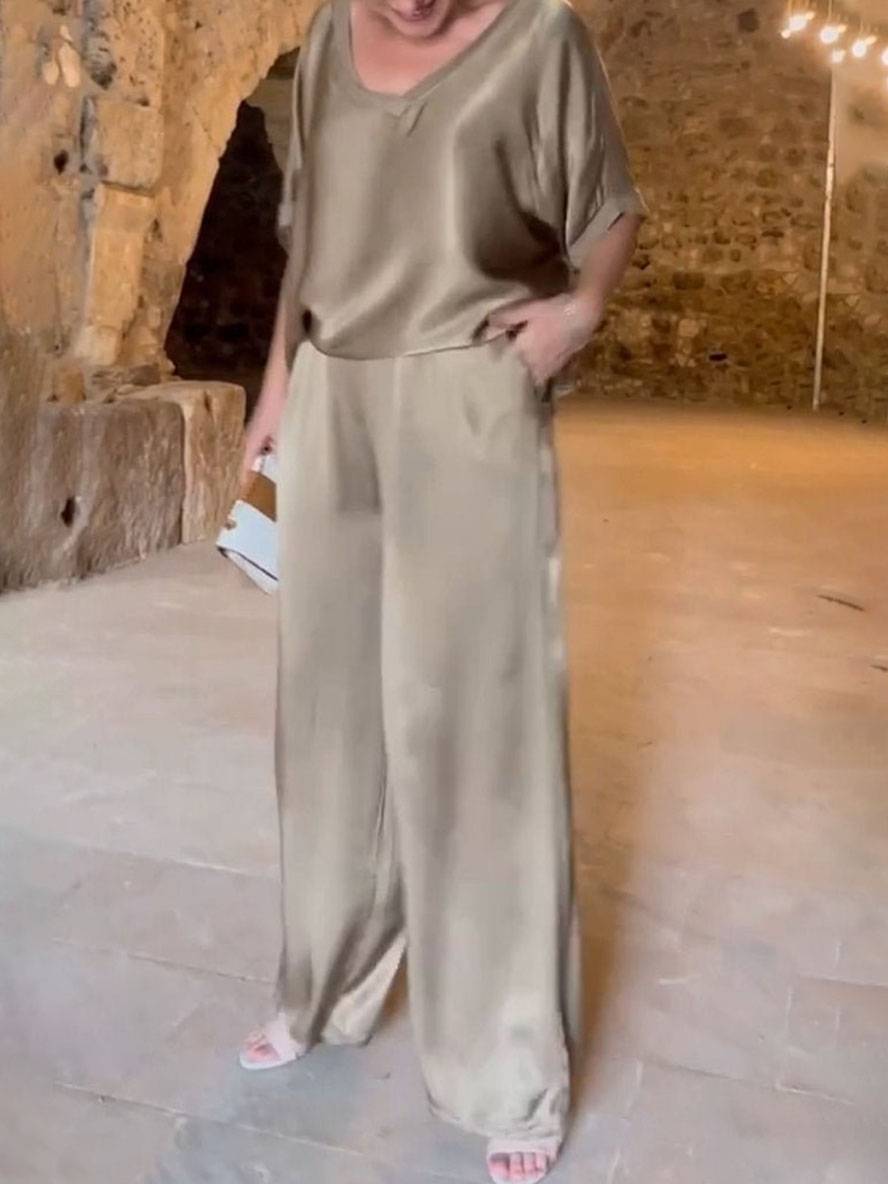 Levoire | Tenues Avec Décolleté En V Pantalon Poches Manches Chauve-Souris Courtes Femmes Élégant Décontracté Large Bicolore Khaki