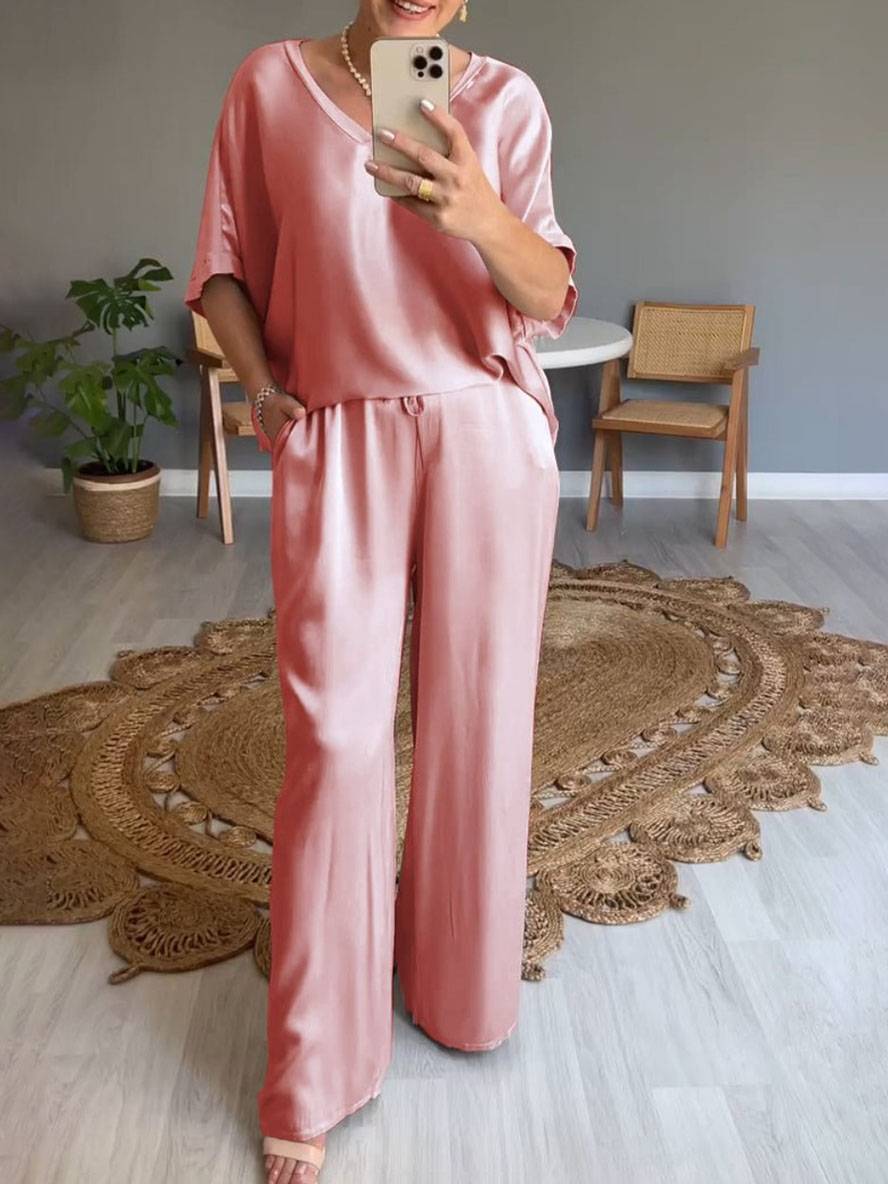 Levoire | Tenues Avec Décolleté En V Pantalon Poches Manches Chauve-Souris Courtes Femmes Élégant Décontracté Large Bicolore Rosa