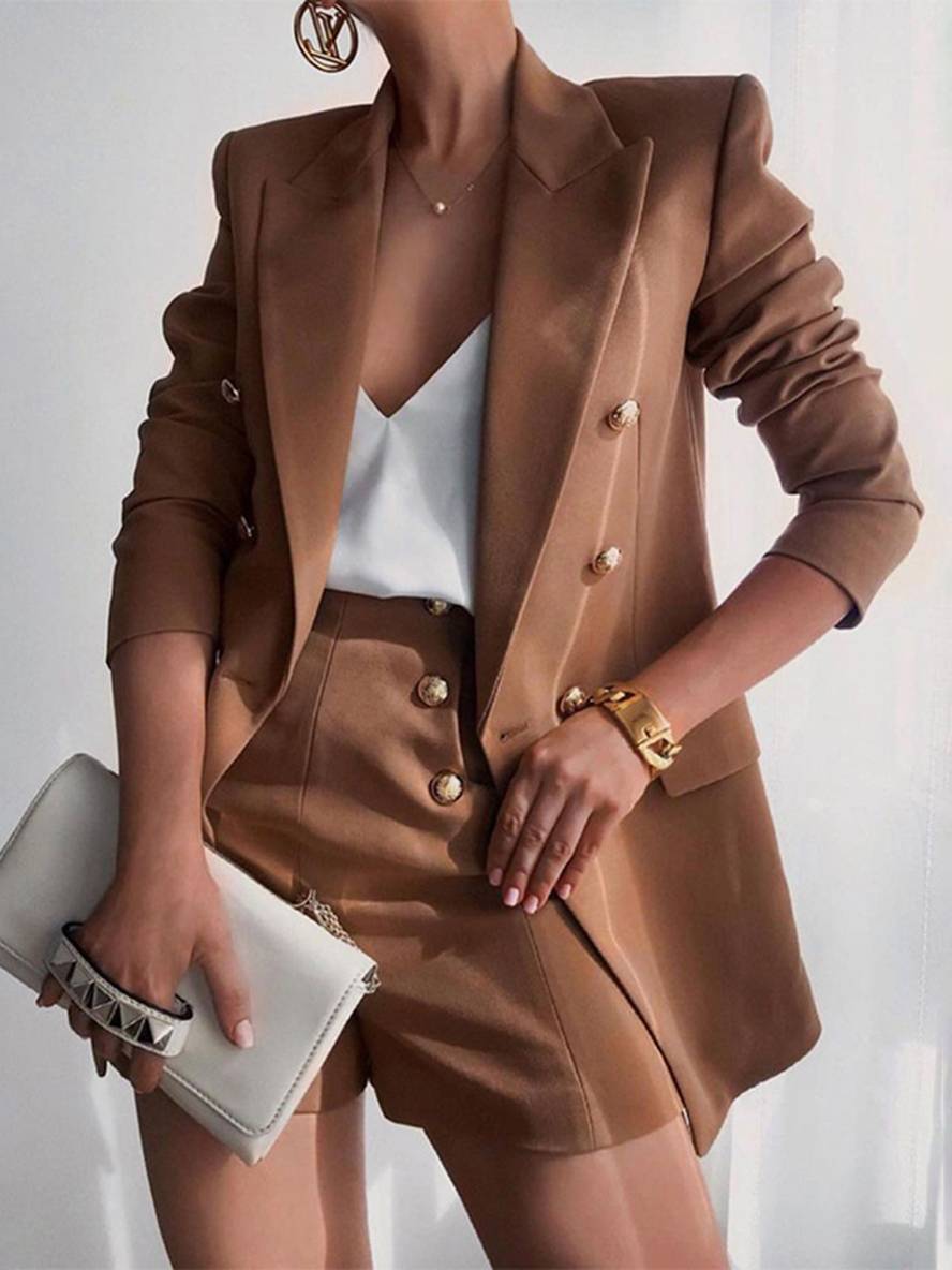 Levoire | Ensemble De Blazer Avec Short À Double Boutonnage À Manches Longues Décontracté Pour Femmes Café