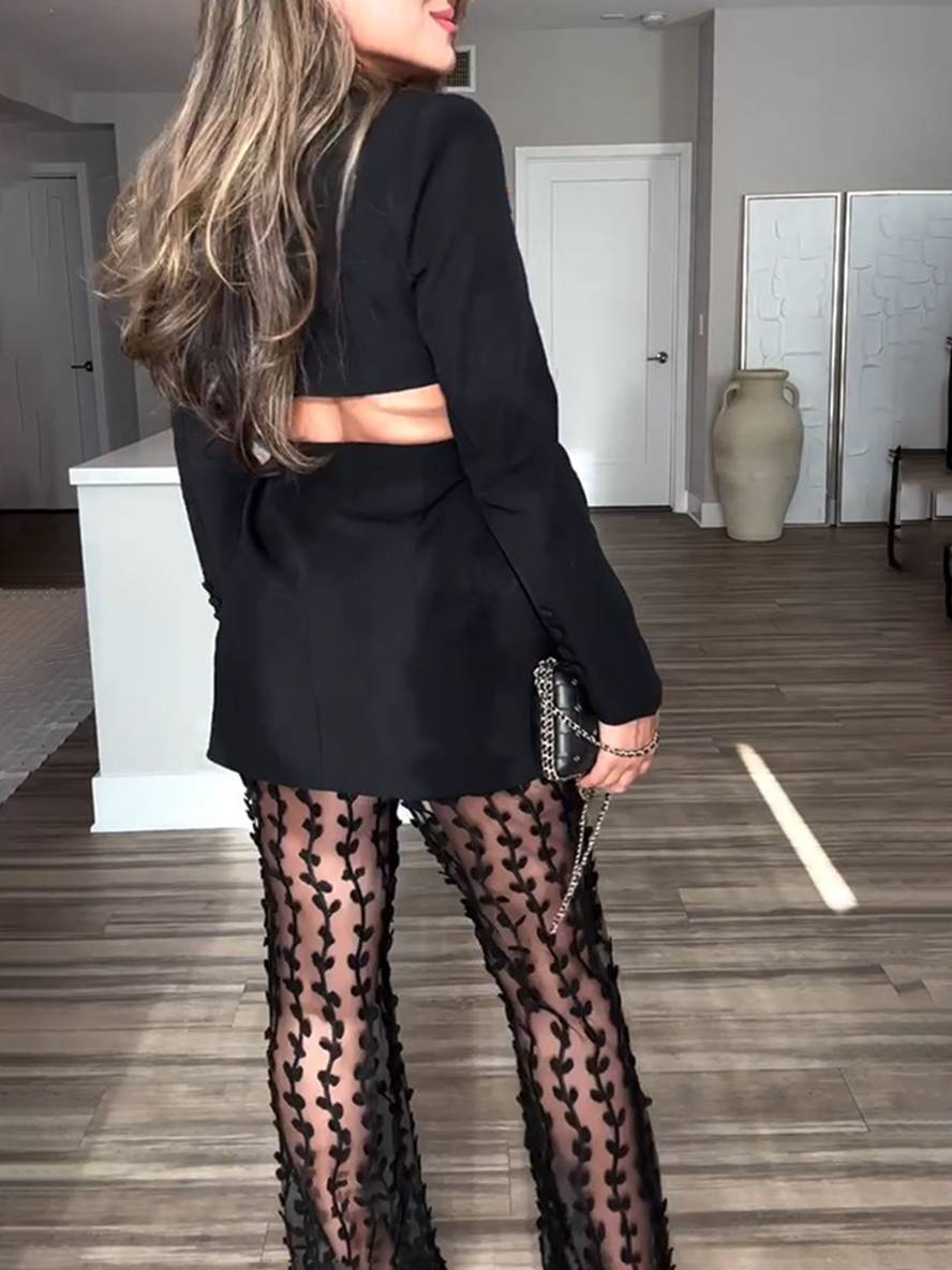 Levoire | Costumes Pantalons Avec Bouton Transparent En Dentelle, Décolleté En V, Blazer Dos Nu Pour Femmes, Tenue Décontractée Style