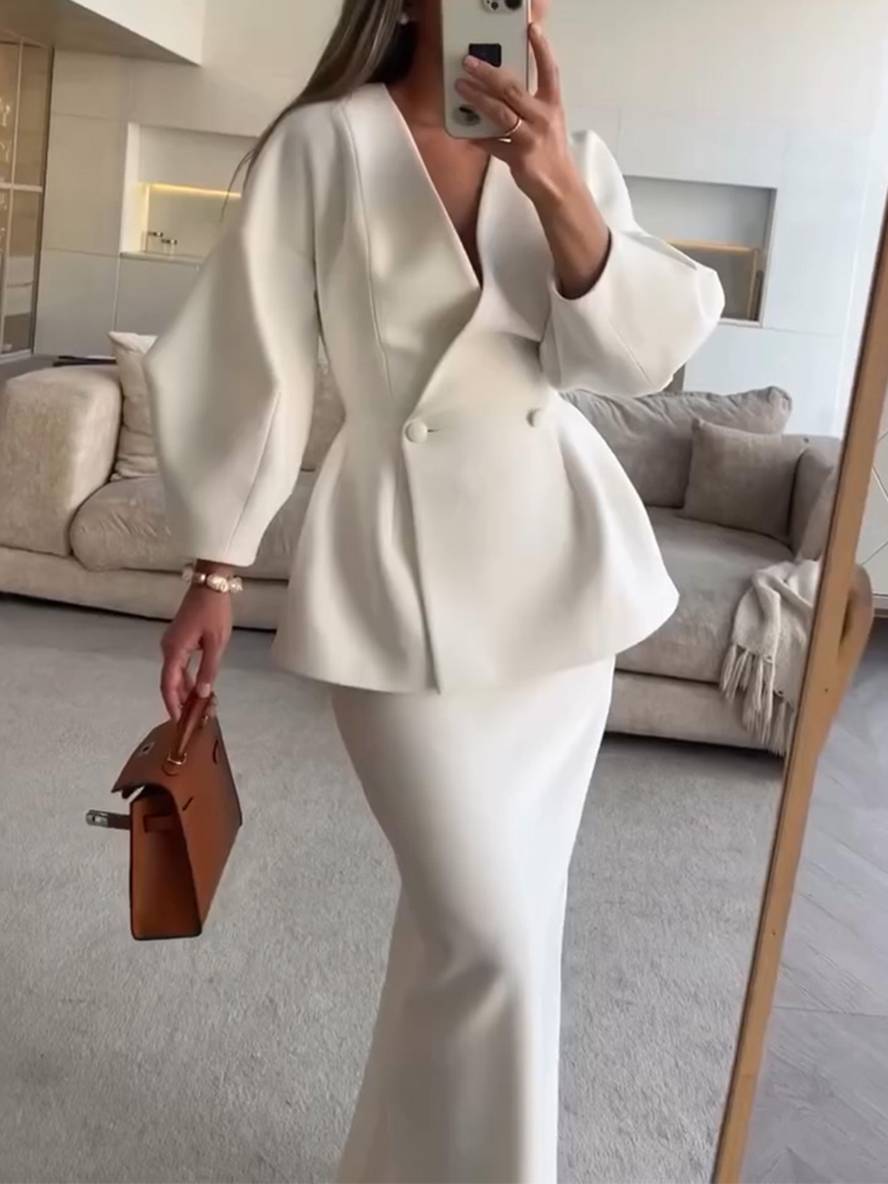 Levoire | Ensembles Blazer Avec Jupe Décolleté En V Boutons Manches Bouffantes Manches Longues Veste Pour Femmes Élégante Vintage Deux Pièces Blanc