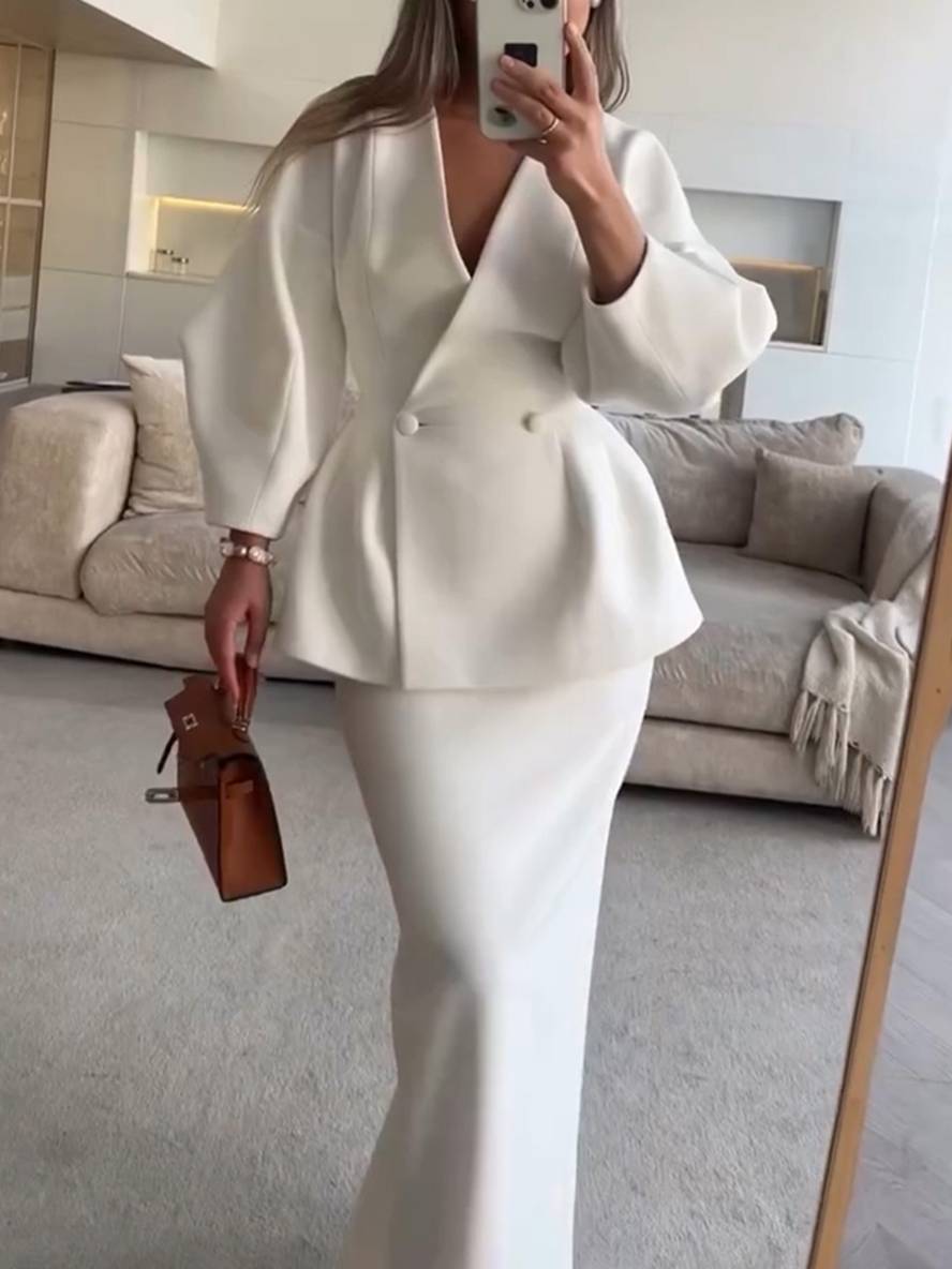 Levoire | Ensembles Blazer Avec Jupe Décolleté En V Boutons Manches Bouffantes Manches Longues Veste Pour Femmes Élégante Vintage Deux Pièces