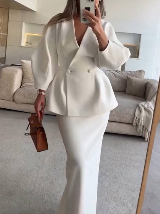 Levoire | Ensembles Blazer Avec Jupe Décolleté En V Boutons Manches Bouffantes Manches Longues Veste Pour Femmes Élégante Vintage Deux Pièces