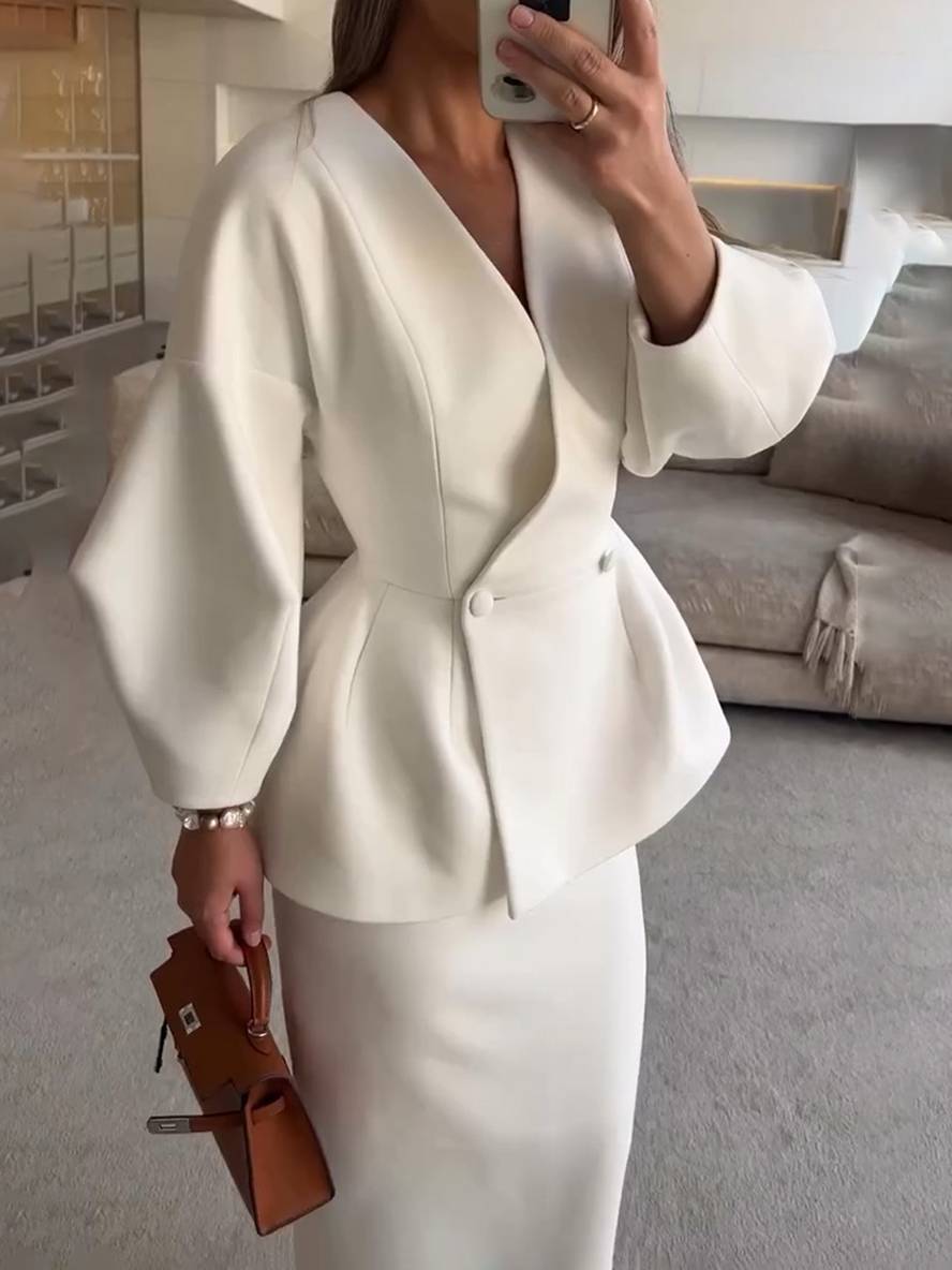 Levoire | Ensembles Blazer Avec Jupe Décolleté En V Boutons Manches Bouffantes Manches Longues Veste Pour Femmes Élégante Vintage Deux Pièces
