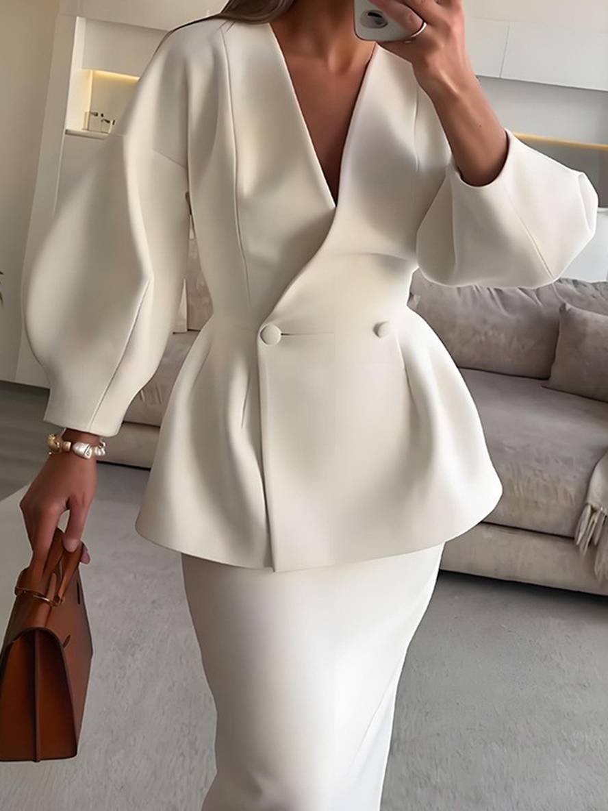Levoire | Ensembles Blazer Avec Jupe Décolleté En V Boutons Manches Bouffantes Manches Longues Veste Pour Femmes Élégante Vintage Deux Pièces