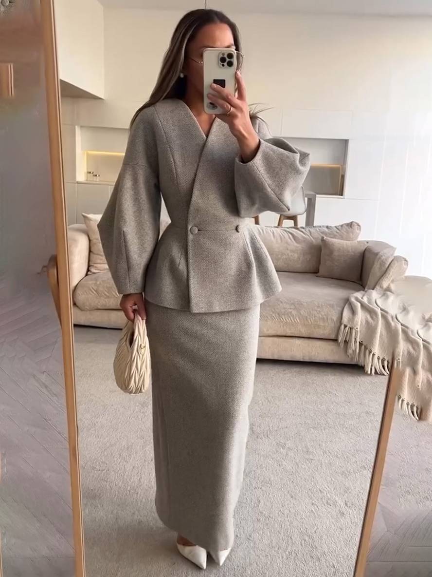 Levoire | Ensembles Blazer Avec Jupe Décolleté En V Boutons Manches Bouffantes Manches Longues Veste Pour Femmes Élégante Vintage Deux Pièces Gris