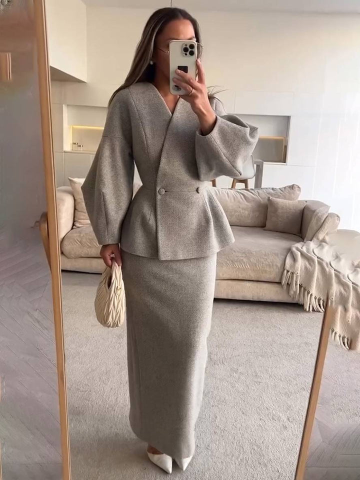 Levoire | Ensembles Blazer Avec Jupe Décolleté En V Boutons Manches Bouffantes Manches Longues Veste Pour Femmes Élégante Vintage Deux Pièces Gris