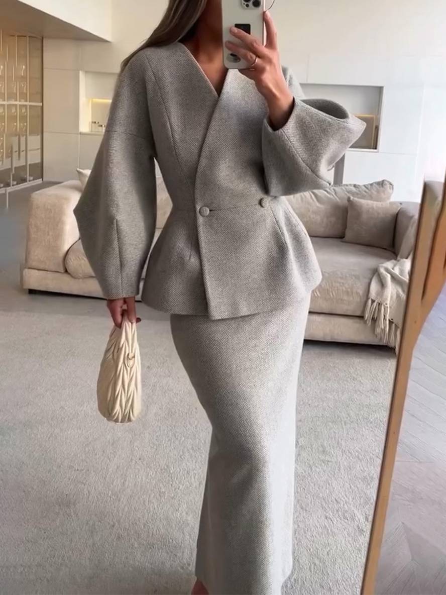 Levoire | Ensembles Blazer Avec Jupe Décolleté En V Boutons Manches Bouffantes Manches Longues Veste Pour Femmes Élégante Vintage Deux Pièces