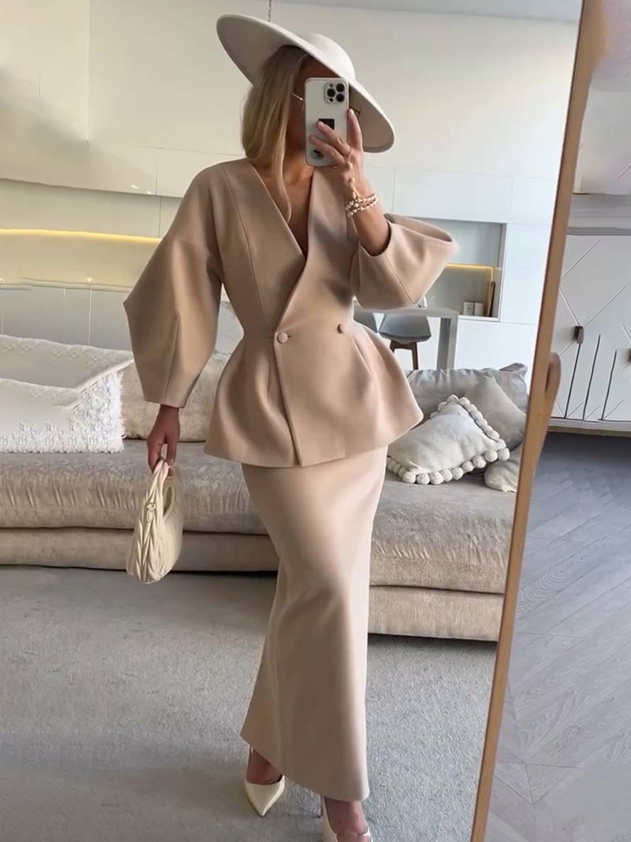 Levoire | Ensembles Blazer Avec Jupe Décolleté En V Boutons Manches Bouffantes Manches Longues Veste Pour Femmes Élégante Vintage Deux Pièces